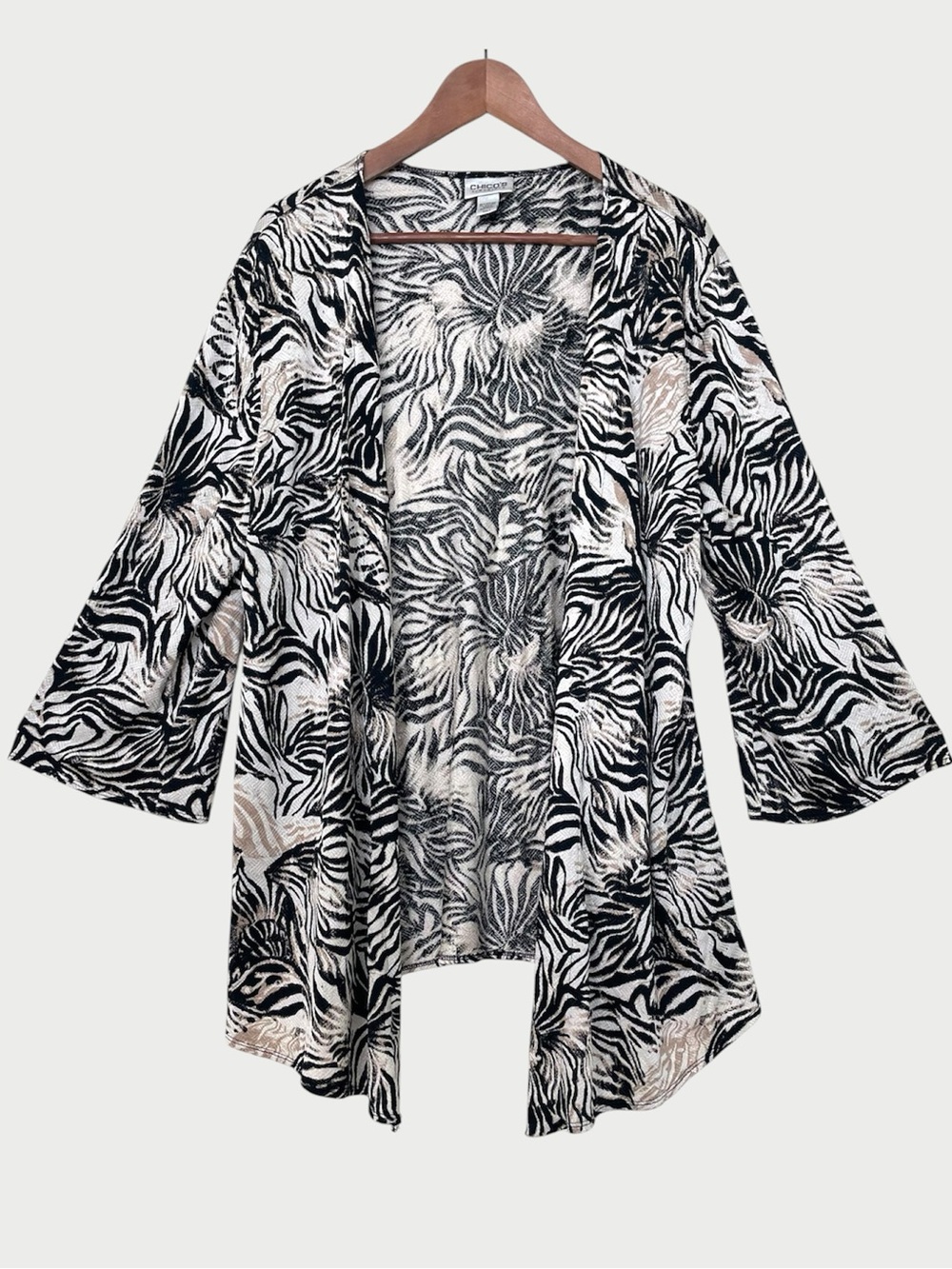 Chico's Travelers Neutral Zebra Animal Print Open Front Cardigan 3 XL Duster